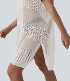 V-neck Split Hem Hollow Out Resort Cover Up Dress — White — view 5