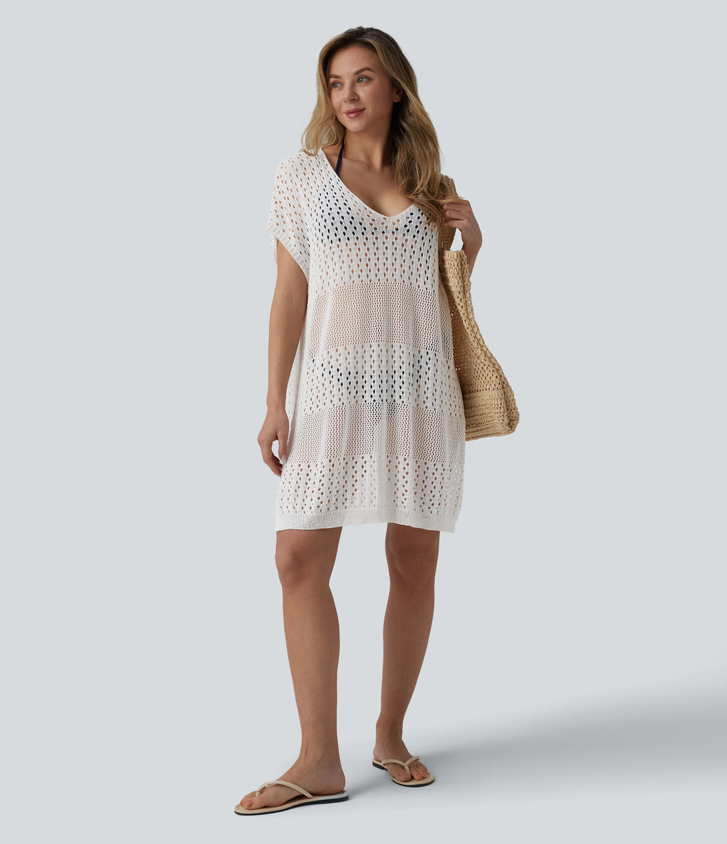V-neck Split Hem Hollow Out Resort Cover Up Dress — White — view 6