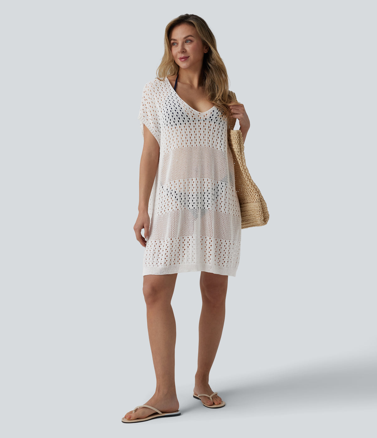 V-neck Split Hem Hollow Out Resort Cover Up Dress — White — view 6