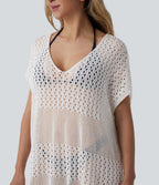 V-neck Split Hem Hollow Out Resort Cover Up Dress — White — view 4