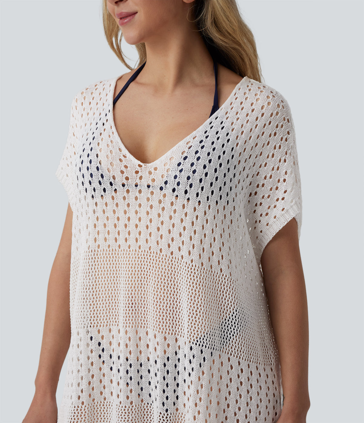 V-neck Split Hem Hollow Out Resort Cover Up Dress — White — view 4