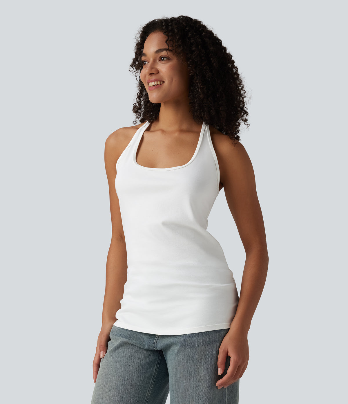 U-Neck Y-back Casual Pima Cotton Tank Top — White — view 3