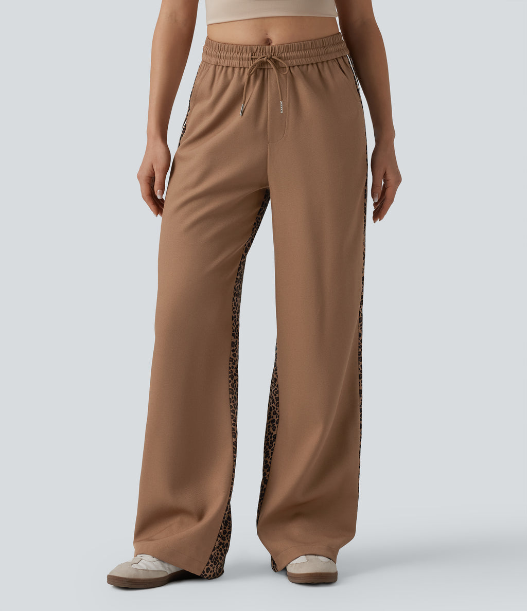 Mid Rise Drawstring Color Block Stripes Contrast Leopard Casual Baggy Trousers with Pockets — Black Coffee Leopard Print — view 3