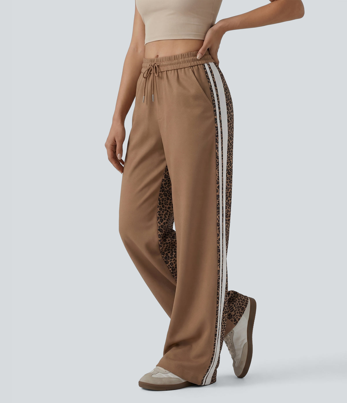 Mid Rise Drawstring Color Block Stripes Contrast Leopard Casual Baggy Trousers with Pockets — Black Coffee Leopard Print — view 7