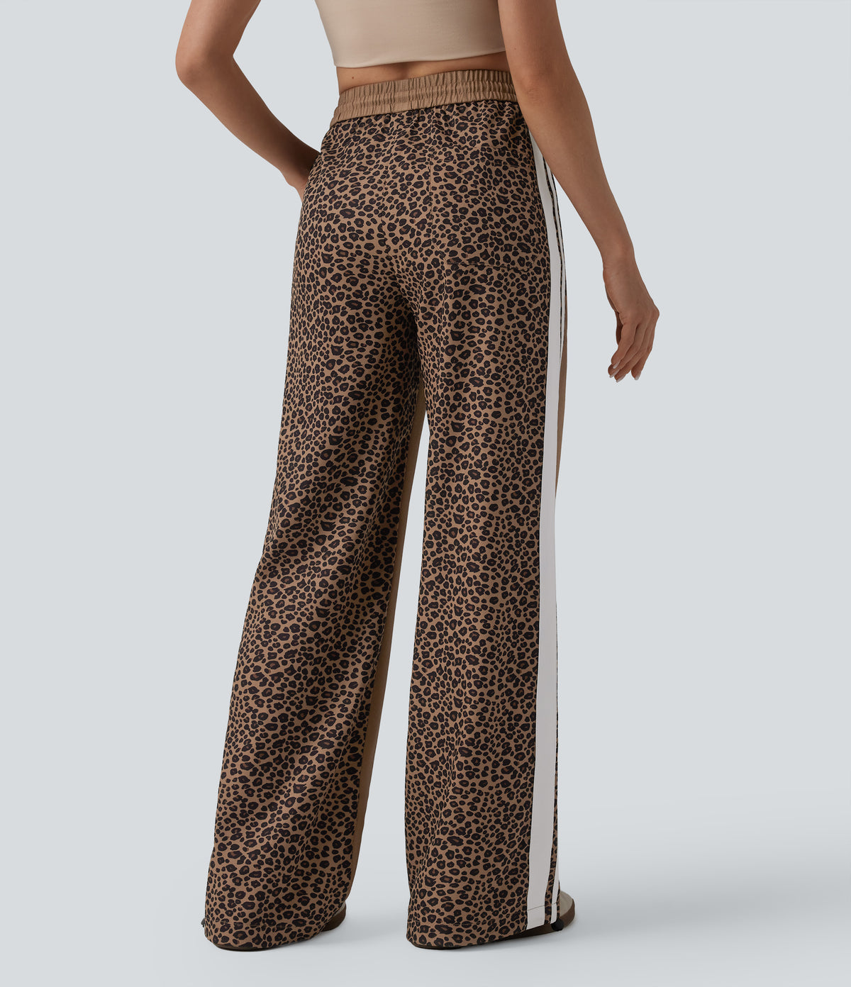 Mid Rise Drawstring Color Block Stripes Contrast Leopard Casual Baggy Trousers with Pockets — Black Coffee Leopard Print — view 2