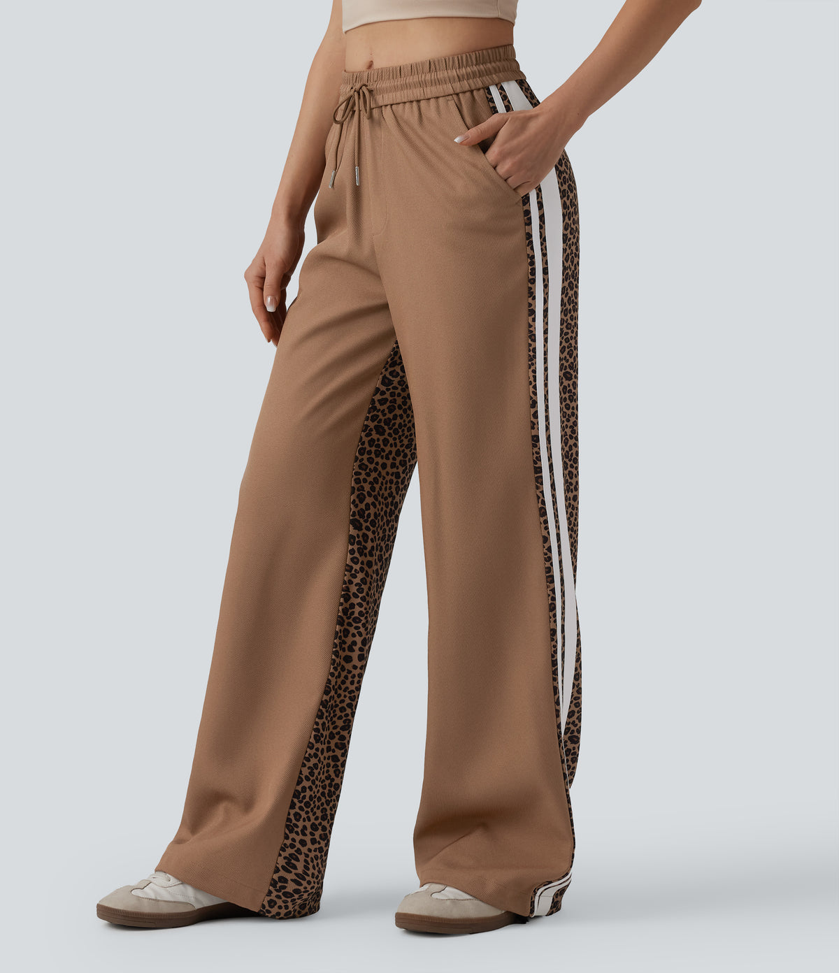 Mid Rise Drawstring Color Block Stripes Contrast Leopard Casual Baggy Trousers with Pockets — Black Coffee Leopard Print — view 1