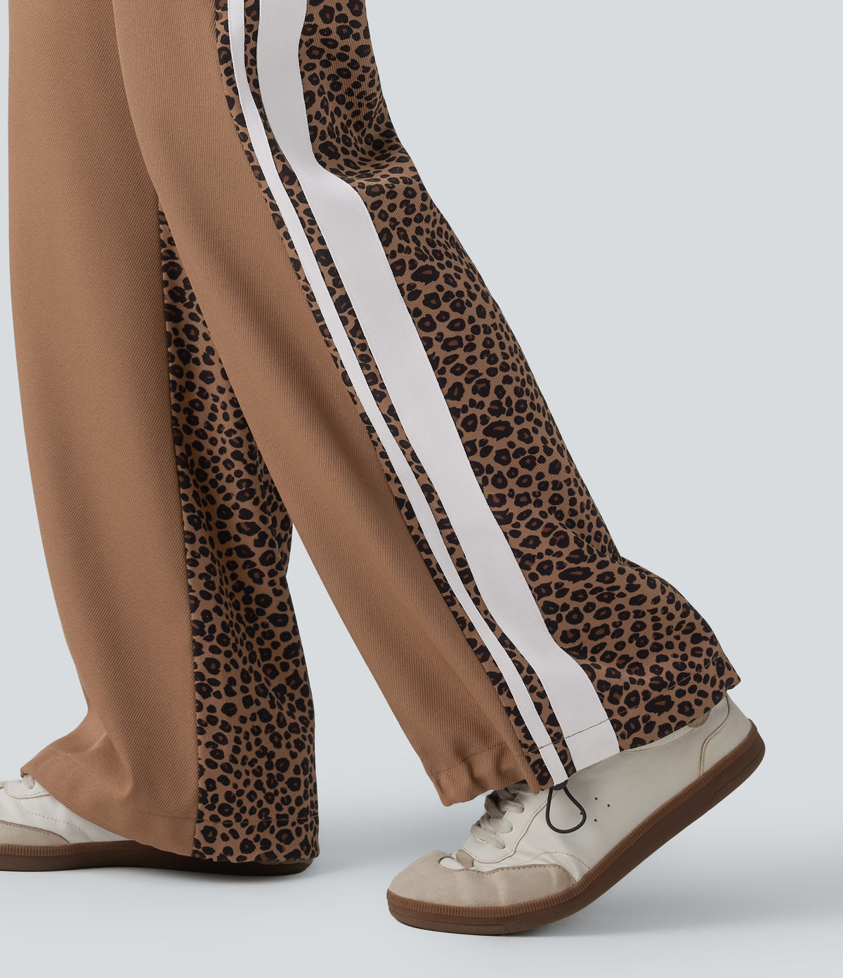 Mid Rise Drawstring Color Block Stripes Contrast Leopard Casual Baggy Trousers with Pockets — Black Coffee Leopard Print — view 6