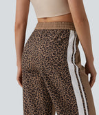 Mid Rise Drawstring Color Block Stripes Contrast Leopard Casual Baggy Trousers with Pockets — Black Coffee Leopard Print — view 5