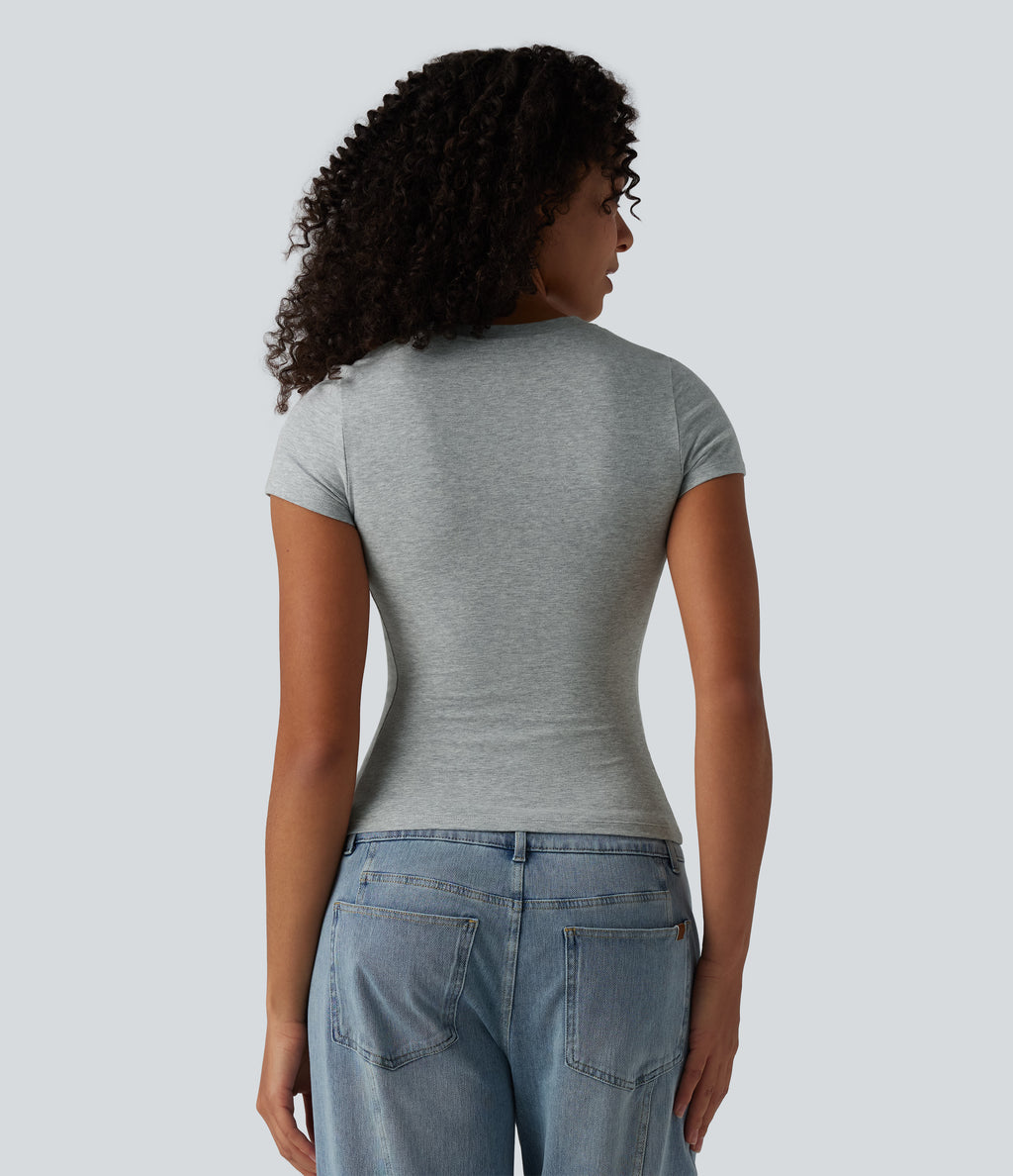 Cotton Jersey Henley Short Sleeve Ultra-slim Casual T-Shirt — Urban Mist — view 2
