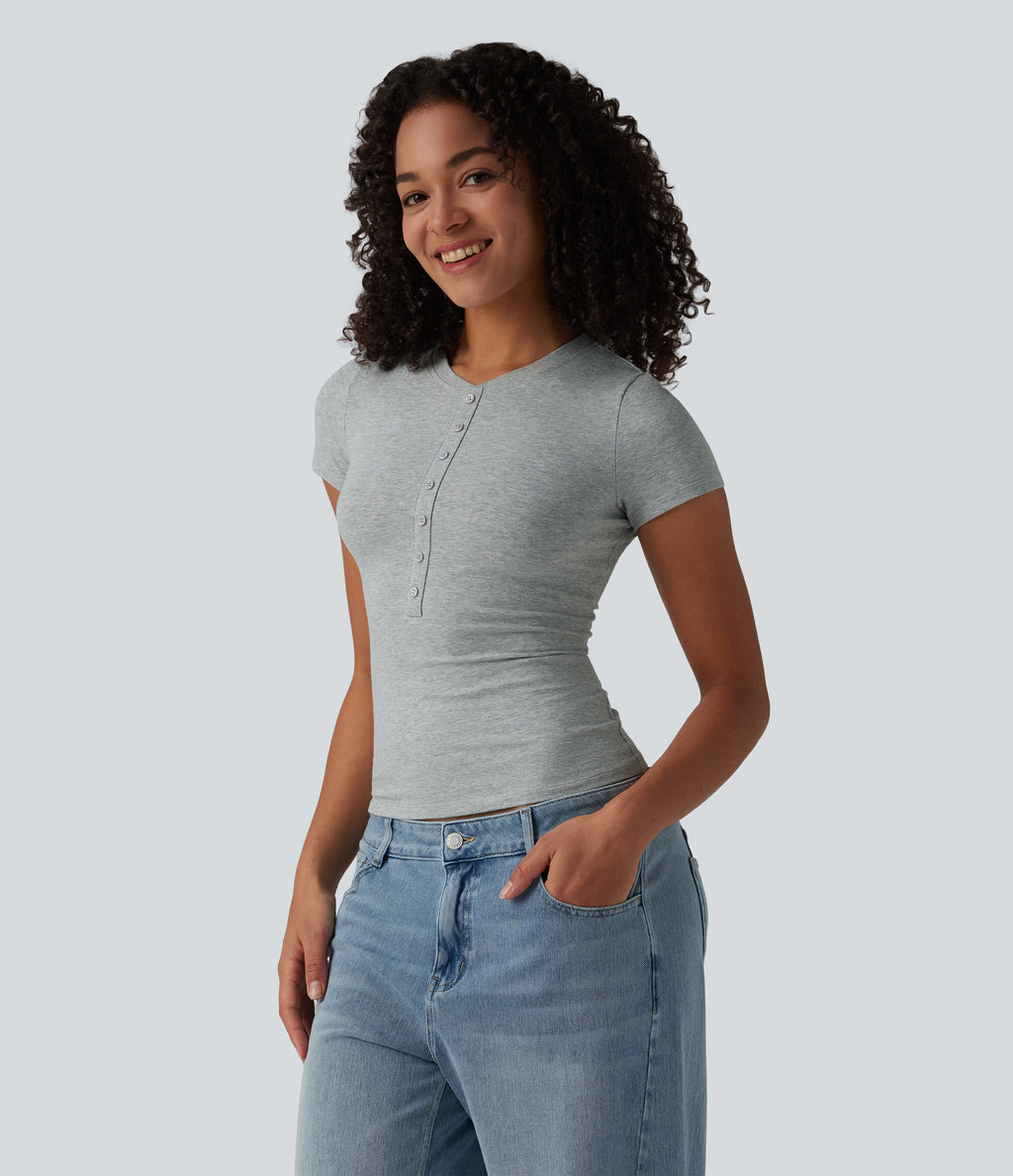 Cotton Jersey Henley Short Sleeve Ultra-slim Casual T-Shirt — Urban Mist — view 3