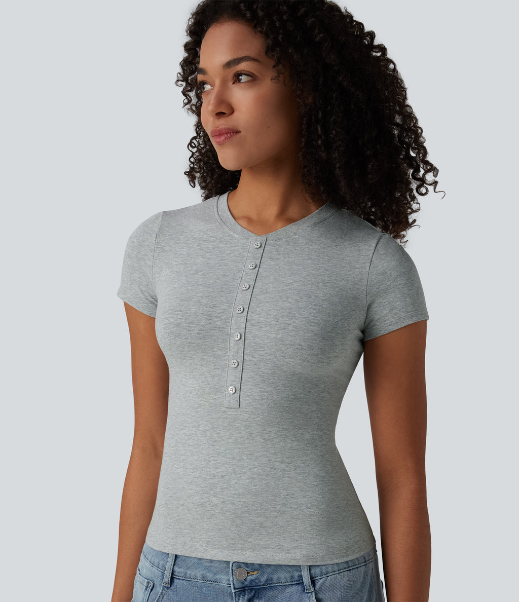 Cotton Jersey Henley Short Sleeve Ultra-slim Casual T-Shirt — Urban Mist — view 4
