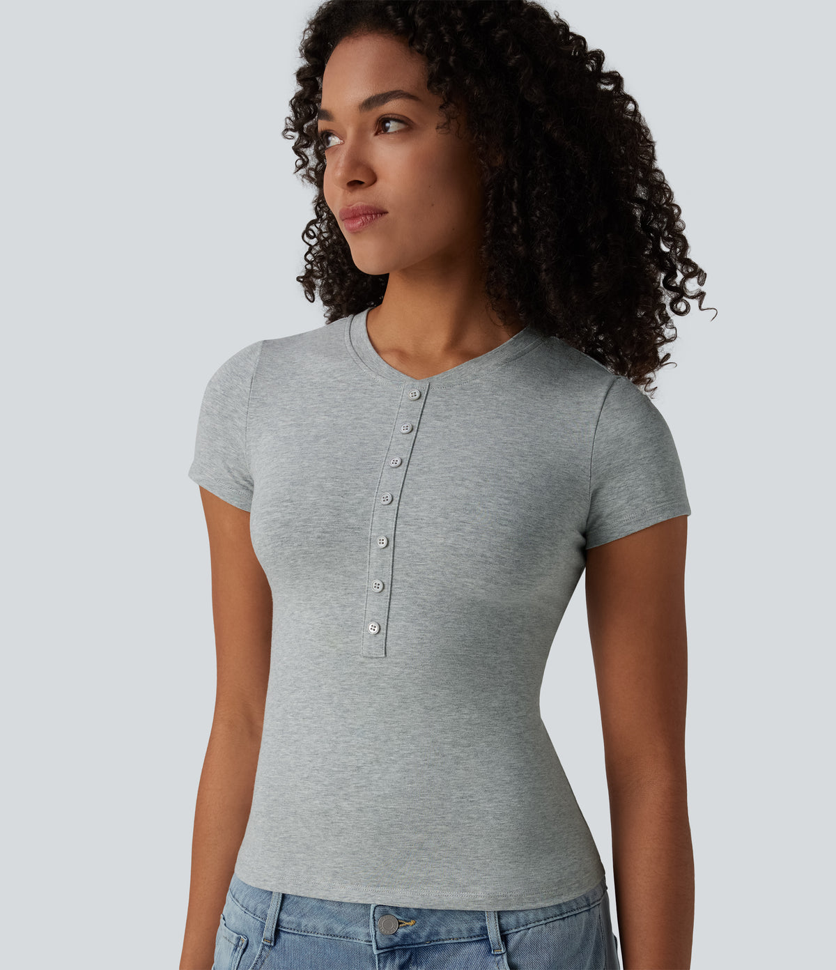 Cotton Jersey Henley Short Sleeve Ultra-slim Casual T-Shirt — Urban Mist — view 4