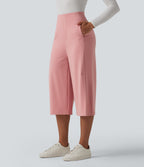 High Waisted Wide Leg Capri Work Trousers with Pockets — Peach Blossom Pink — view 3