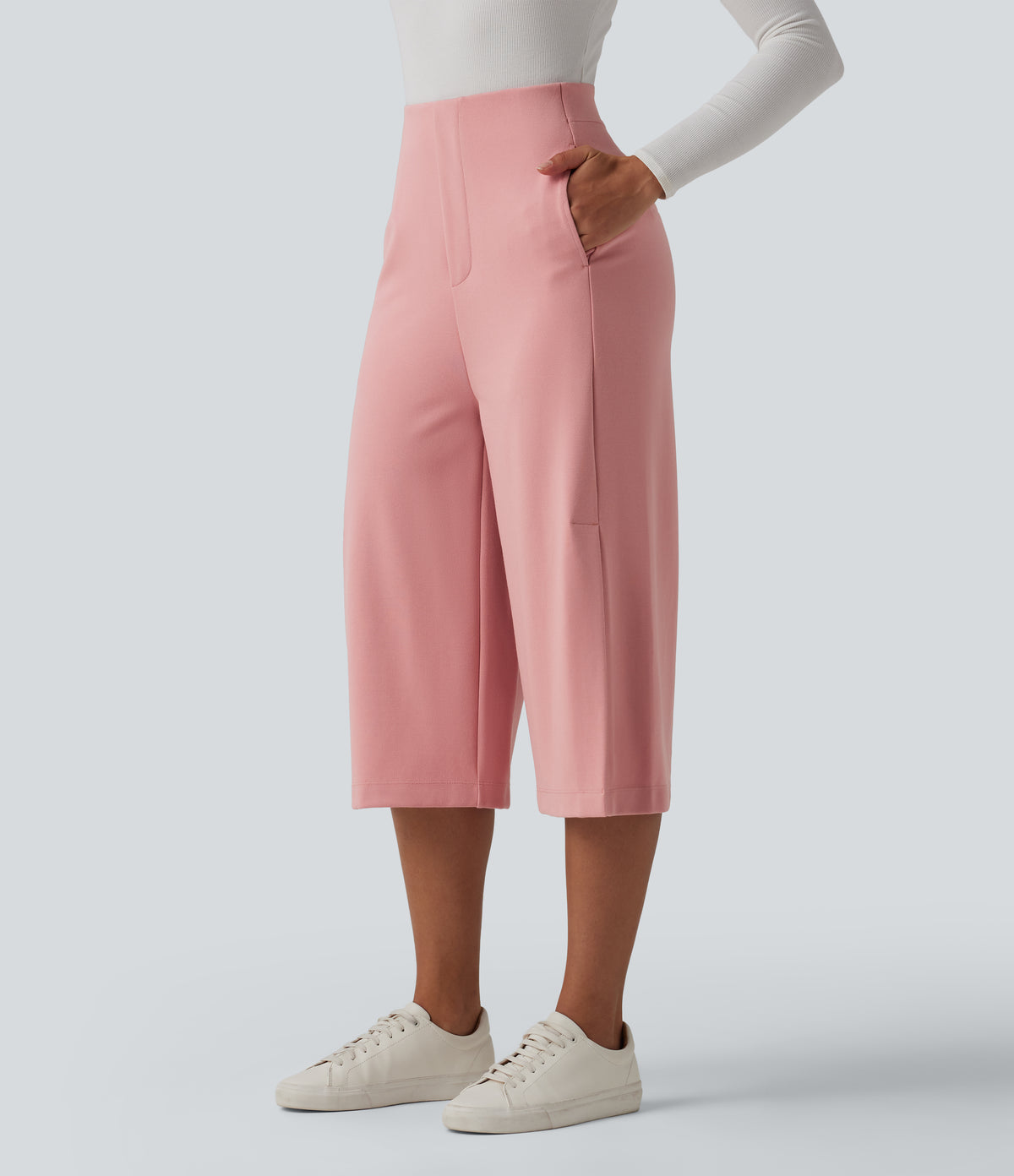 High Waisted Wide Leg Capri Work Trousers with Pockets — Peach Blossom Pink — view 3