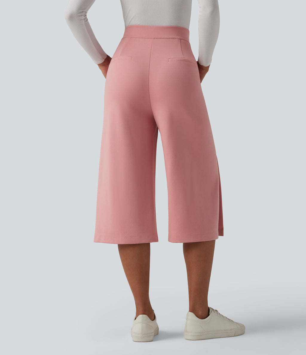 High Waisted Wide Leg Capri Work Trousers with Pockets — Peach Blossom Pink — view 1
