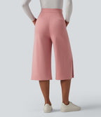 High Waisted Wide Leg Capri Work Trousers with Pockets — Peach Blossom Pink — view 1