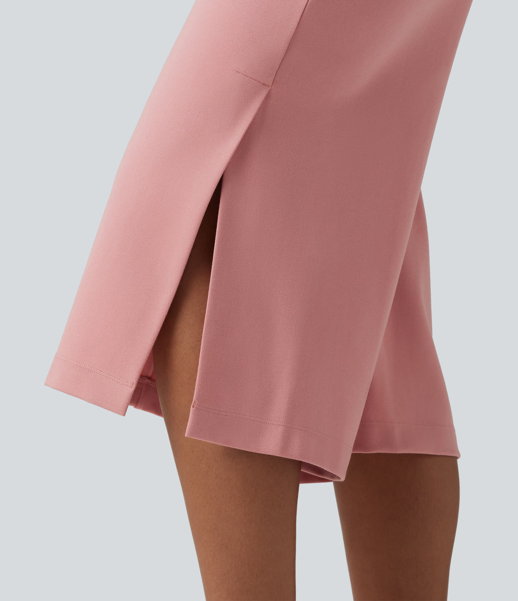 High Waisted Wide Leg Capri Work Trousers with Pockets — Peach Blossom Pink — view 6