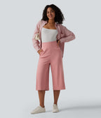 High Waisted Wide Leg Capri Work Trousers with Pockets — Peach Blossom Pink — view 7