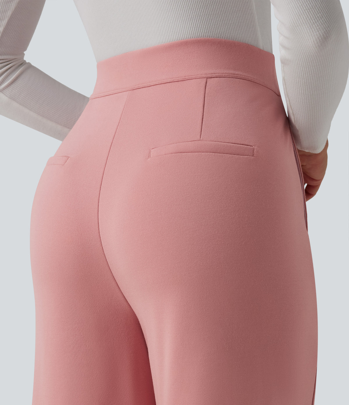 High Waisted Wide Leg Capri Work Trousers with Pockets — Peach Blossom Pink — view 5