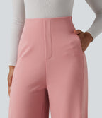 High Waisted Wide Leg Capri Work Trousers with Pockets — Peach Blossom Pink — view 4