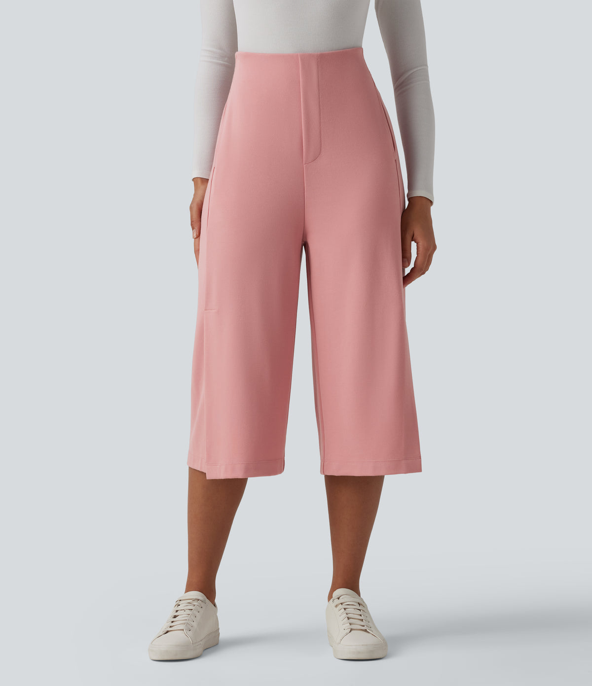 High Waisted Wide Leg Capri Work Trousers with Pockets — Peach Blossom Pink — view 2