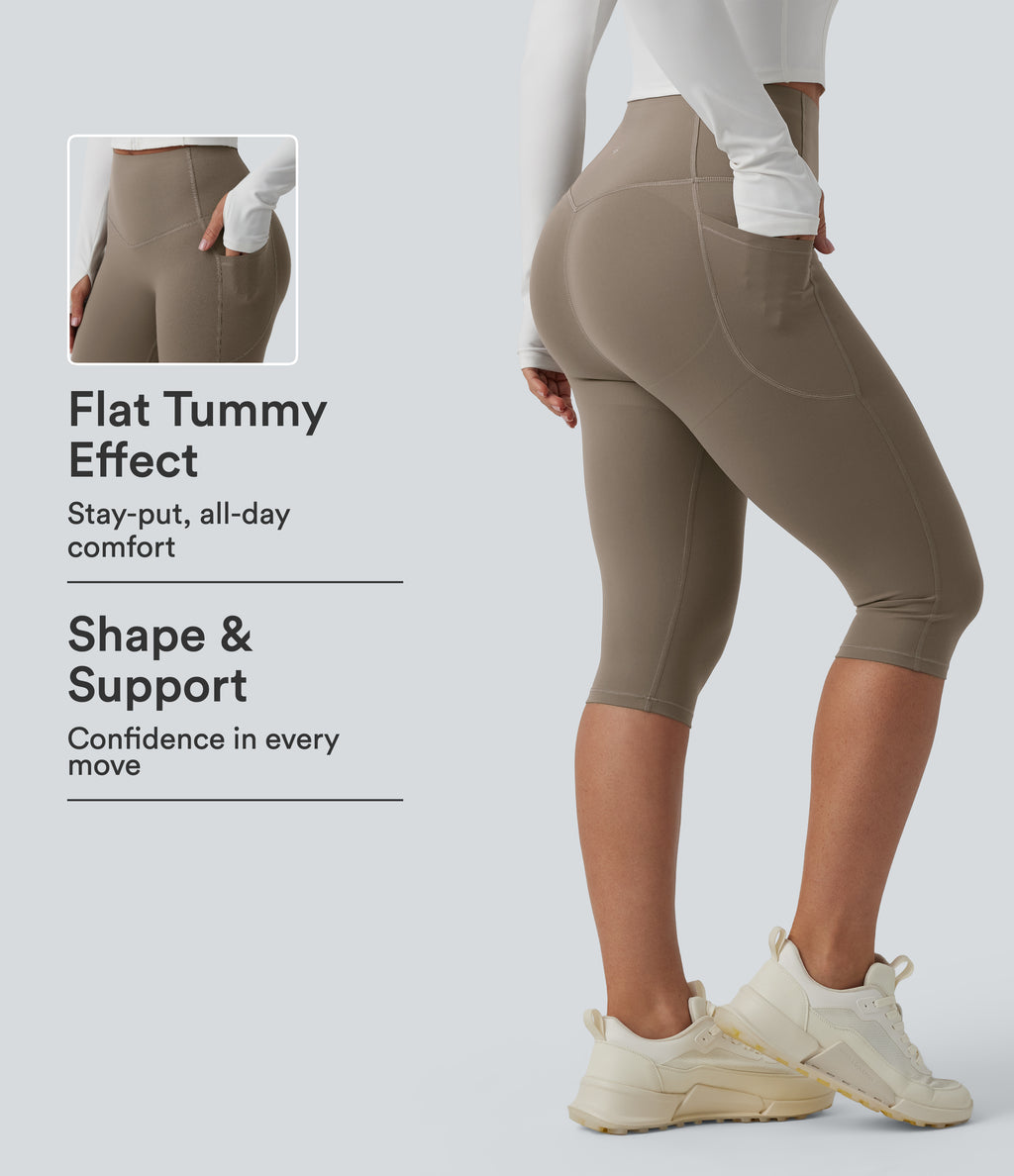 High Waisted Butt Lifting Tummy Control Pedal Pushers Shaping Training Leggings with Pockets — Dawn Brown — view 1