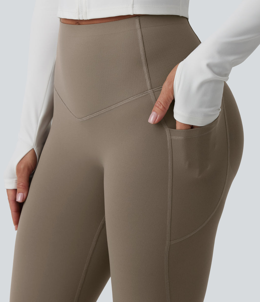 High Waisted Butt Lifting Tummy Control Pedal Pushers Shaping Training Leggings with Pockets — Dawn Brown — view 5