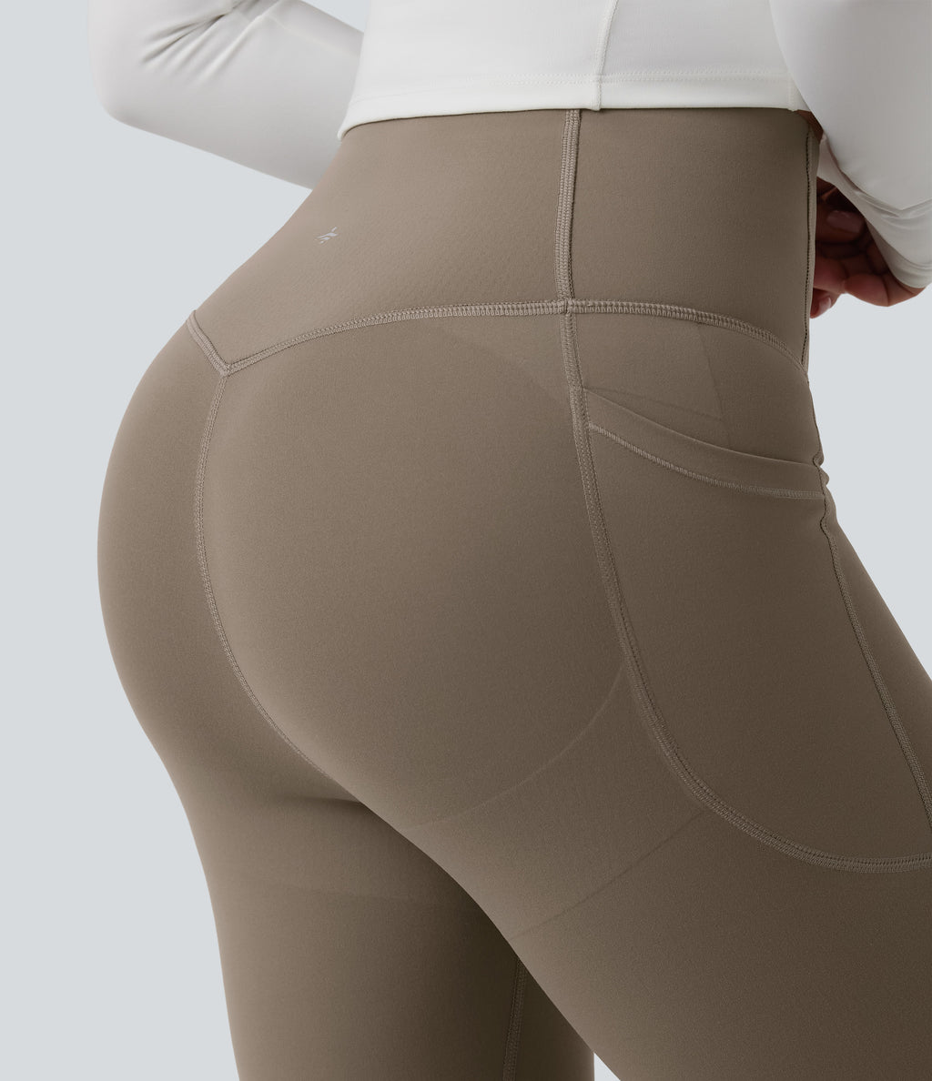 High Waisted Butt Lifting Tummy Control Pedal Pushers Shaping Training Leggings with Pockets — Dawn Brown — view 4