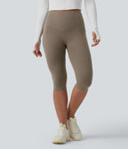 High Waisted Butt Lifting Tummy Control Pedal Pushers Shaping Training Leggings with Pockets — Dawn Brown — view 3