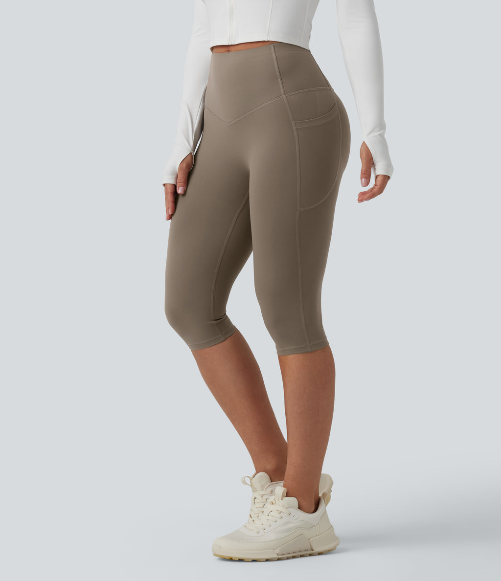 High Waisted Butt Lifting Tummy Control Pedal Pushers Shaping Training Leggings with Pockets — Dawn Brown — view 2