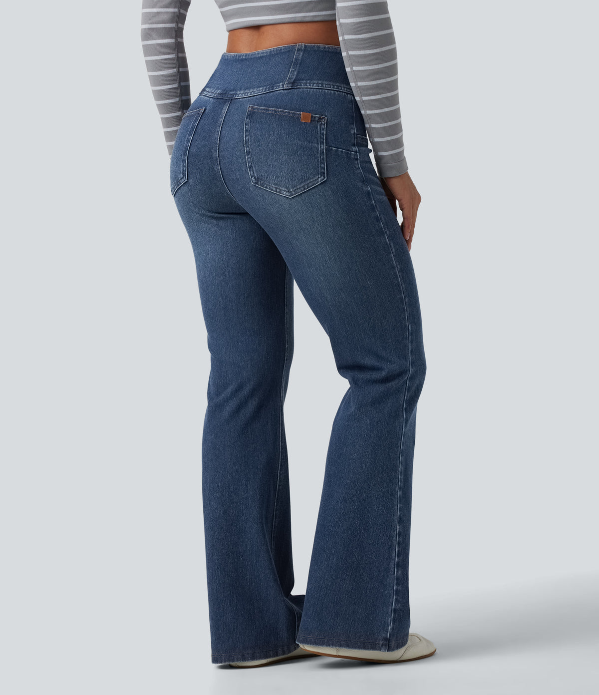 Mid Rise Tummy Control Half Zip Flare Casual Jeans with Pockets — Tide Blue Denim — view 2