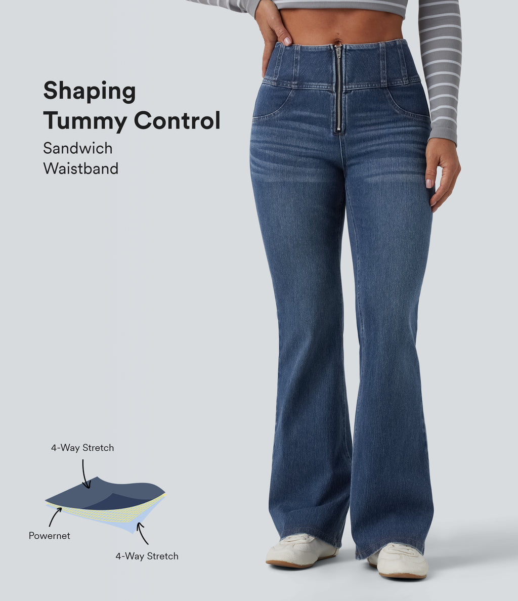 Mid Rise Tummy Control Half Zip Flare Casual Jeans with Pockets — Tide Blue Denim — view 1