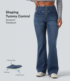 Mid Rise Tummy Control Half Zip Flare Casual Jeans with Pockets — Tide Blue Denim — view 1