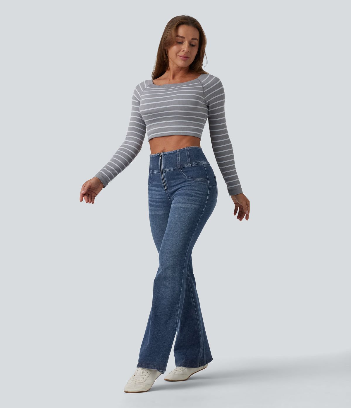Mid Rise Tummy Control Half Zip Flare Casual Jeans with Pockets — Tide Blue Denim — view 6