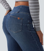 Mid Rise Tummy Control Half Zip Flare Casual Jeans with Pockets — Tide Blue Denim — view 4