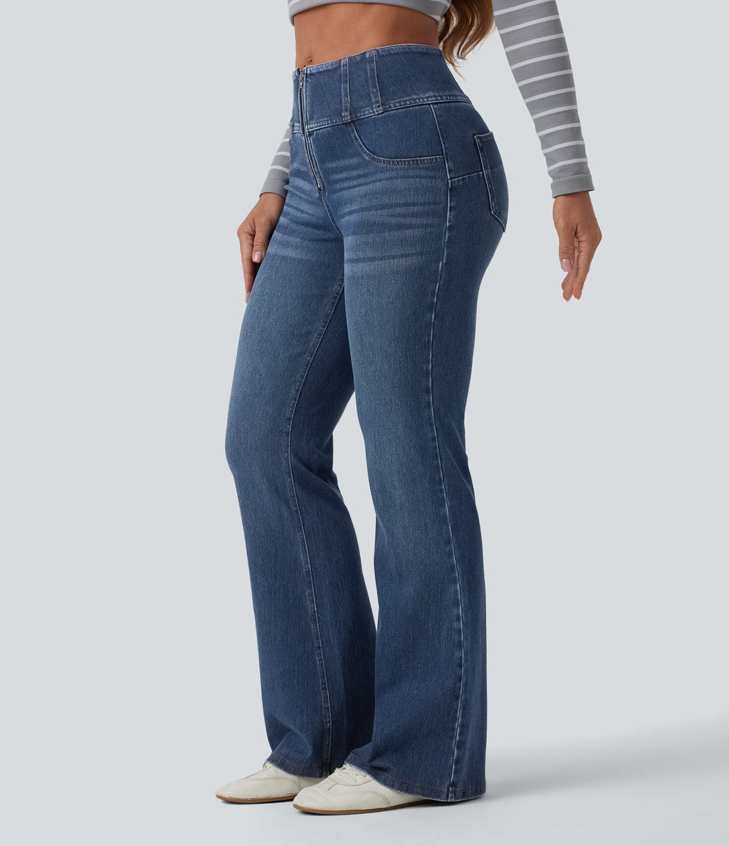 Mid Rise Tummy Control Half Zip Flare Casual Jeans with Pockets — Tide Blue Denim — view 3