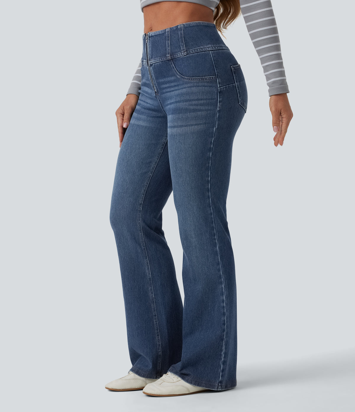 Mid Rise Tummy Control Half Zip Flare Casual Jeans with Pockets — Tide Blue Denim — view 3