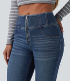 Mid Rise Tummy Control Half Zip Flare Casual Jeans with Pockets — Tide Blue Denim — view 5