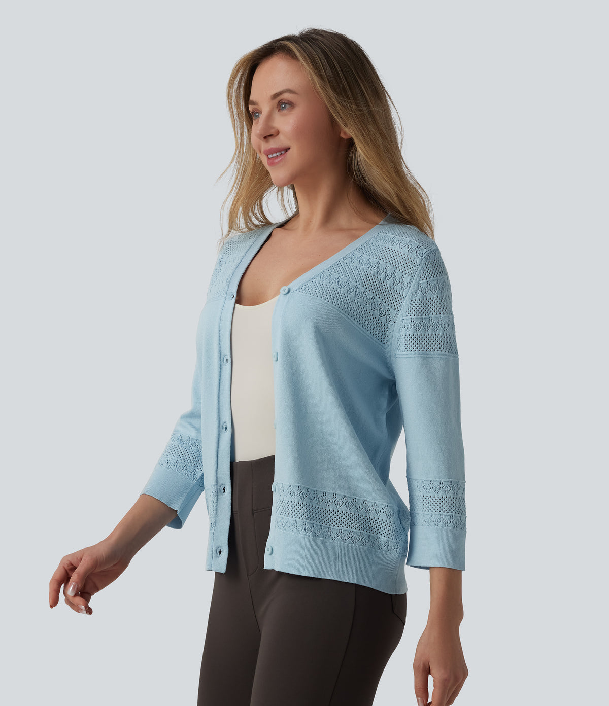 V-neck Button Fly Crochet Work Cardigan — Stratosphere — view 3