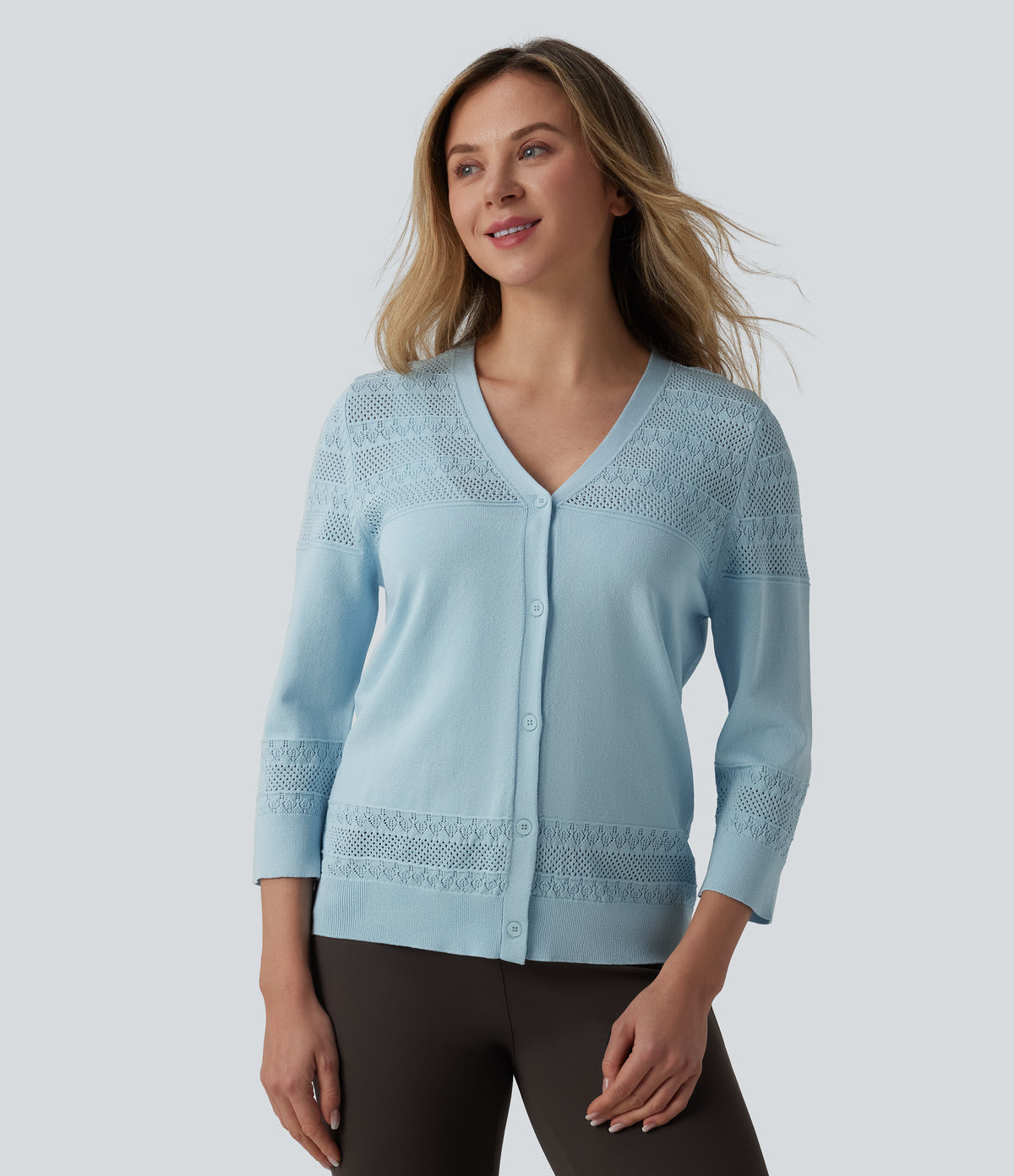 V-neck Button Fly Crochet Work Cardigan — Stratosphere — view 4