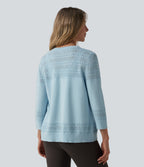 V-neck Button Fly Crochet Work Cardigan — Stratosphere — view 2