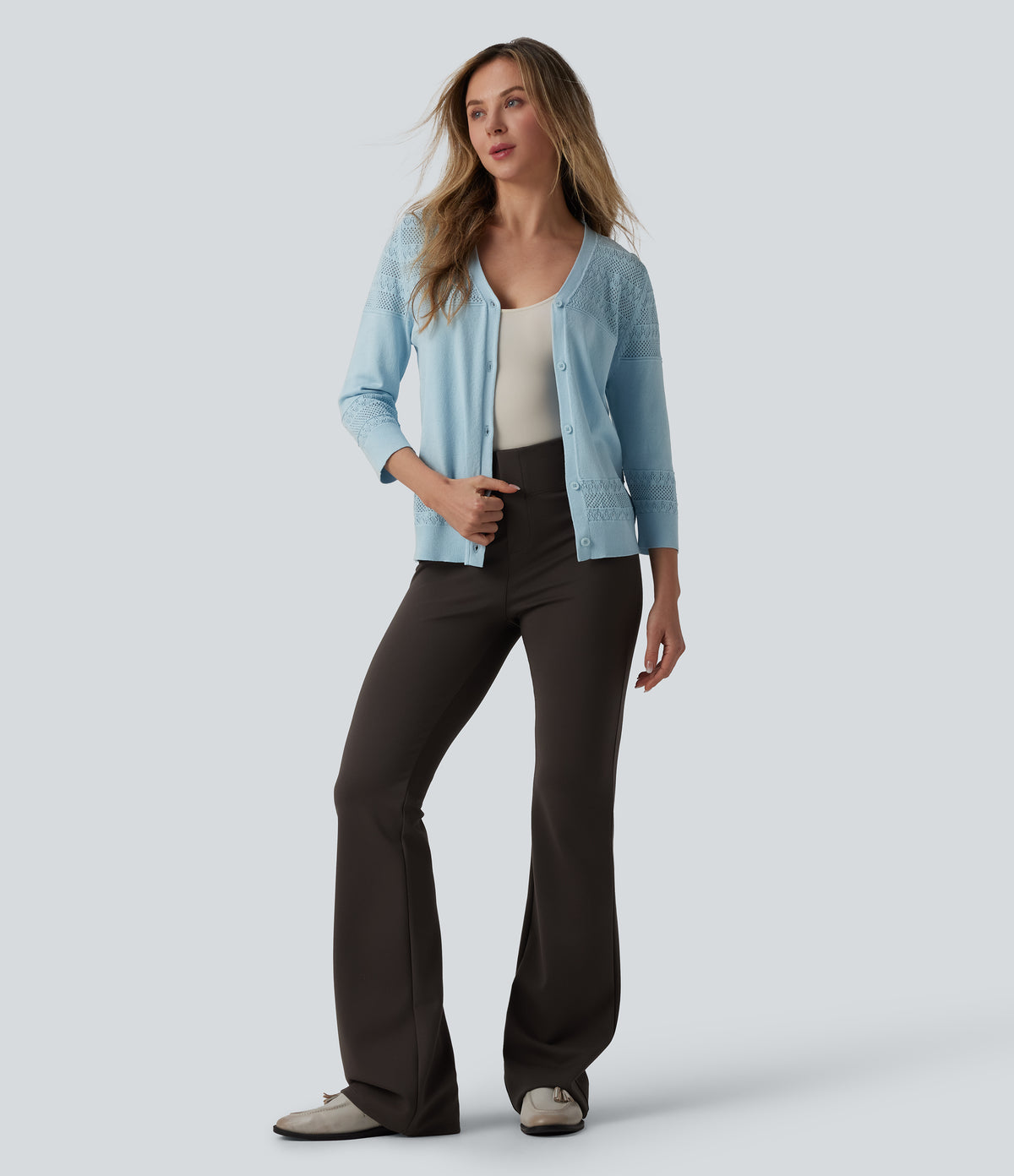V-neck Button Fly Crochet Work Cardigan — Stratosphere — view 6