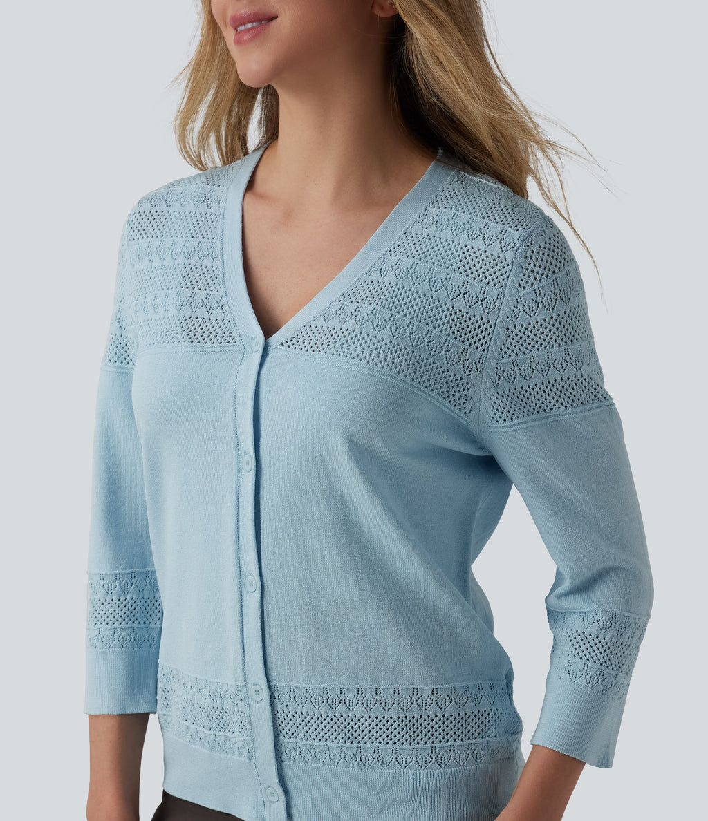V-neck Button Fly Crochet Work Cardigan — Stratosphere — view 5