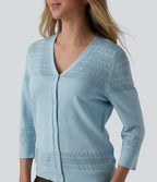 V-neck Button Fly Crochet Work Cardigan — Stratosphere — view 5