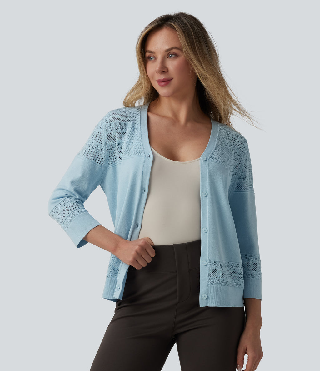 V-neck Button Fly Crochet Work Cardigan — Stratosphere — view 1