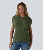 Round Neck Batwing Sleeve Casual Jumper with Pocket — Rifle Green — view 5