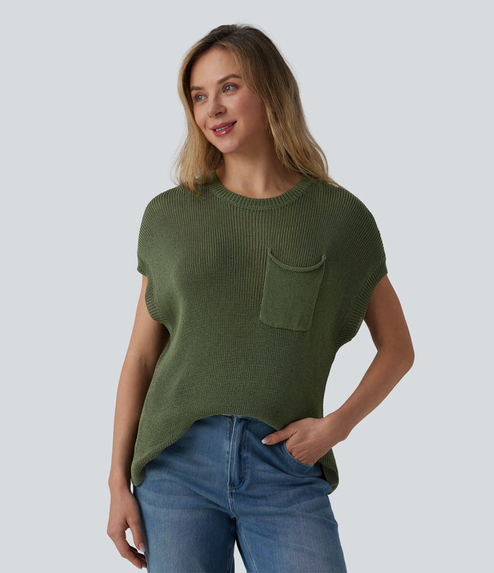 Round Neck Batwing Sleeve Casual Jumper with Pocket — Rifle Green — view 1