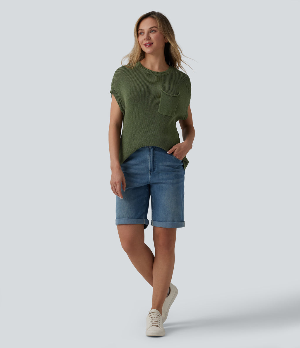 Round Neck Batwing Sleeve Casual Jumper with Pocket — Rifle Green — view 6