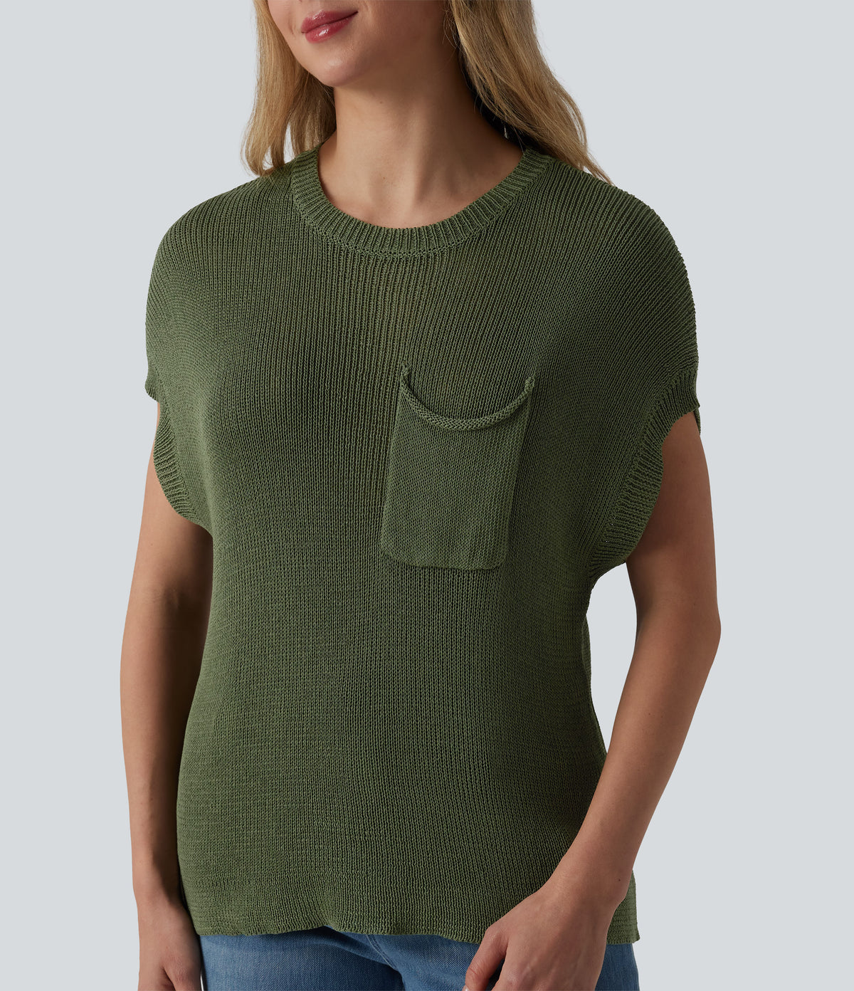 Round Neck Batwing Sleeve Casual Jumper with Pocket — Rifle Green — view 4