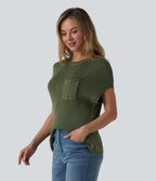 Round Neck Batwing Sleeve Casual Jumper with Pocket — Rifle Green — view 3